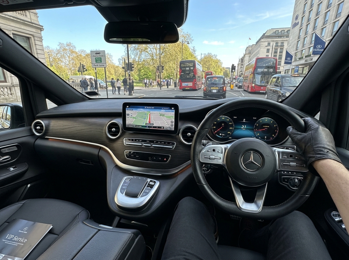 Cockpit da Mercedes-Benz com volante em couro e navegação em Londres