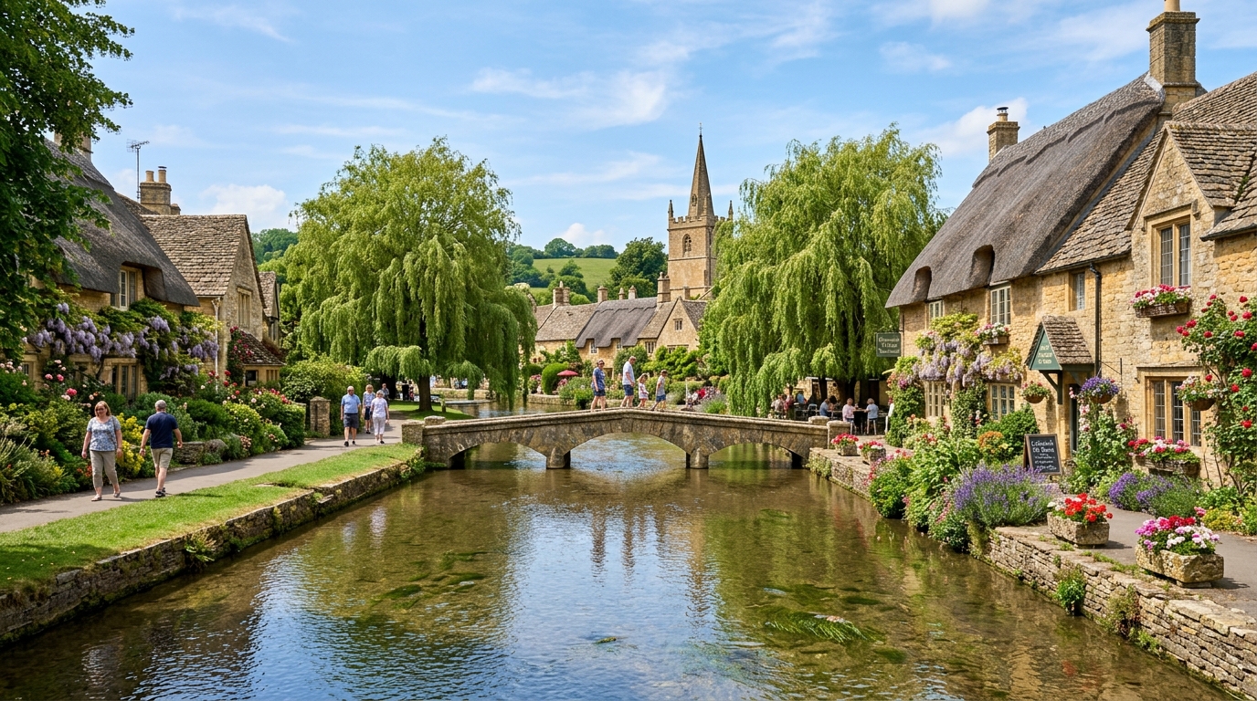 Casas de pedra cor de mel em vilarejo tradicional de Cotswolds na Inglaterra