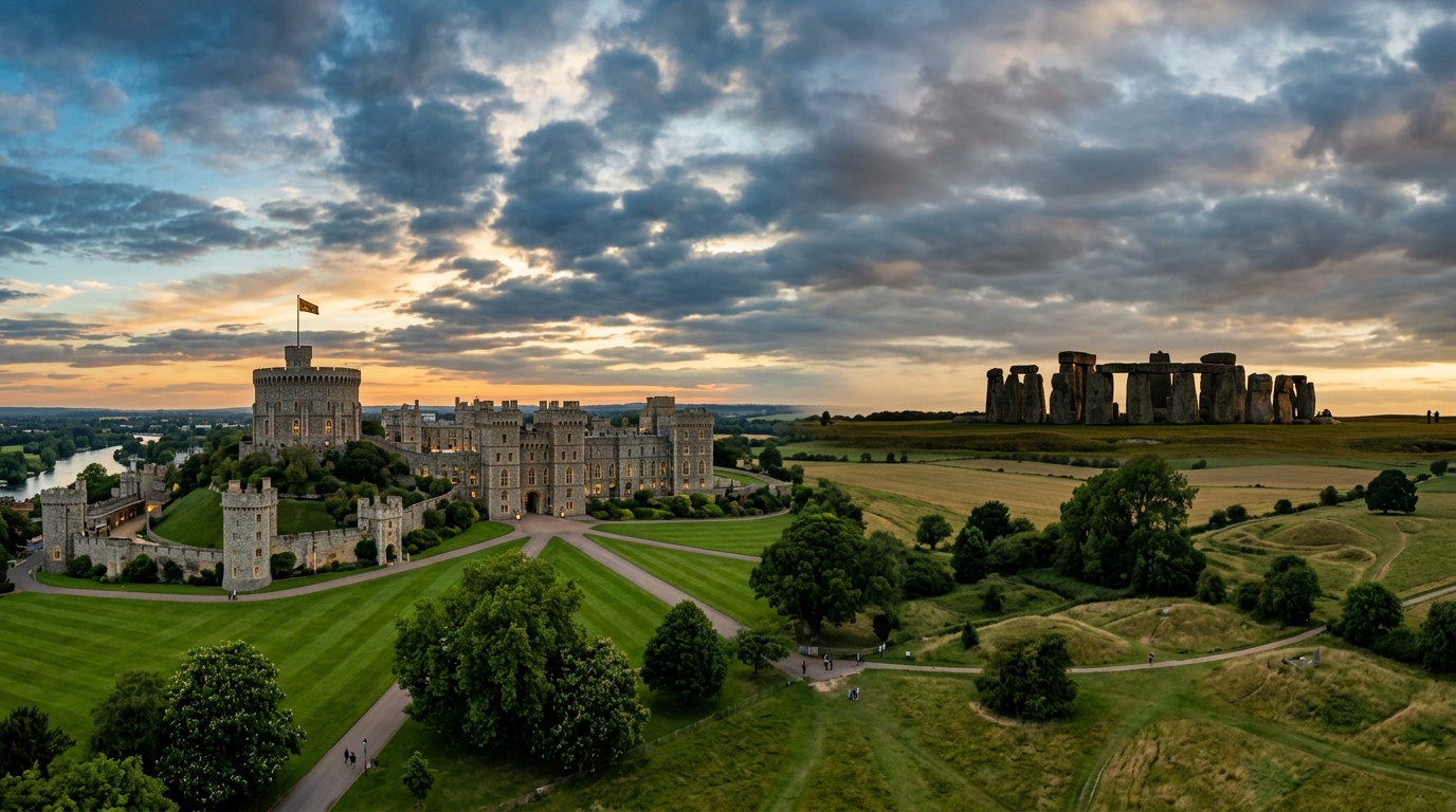 Torre redonda imponente do Castelo de Windsor e mistérios milenares de Stonehenge